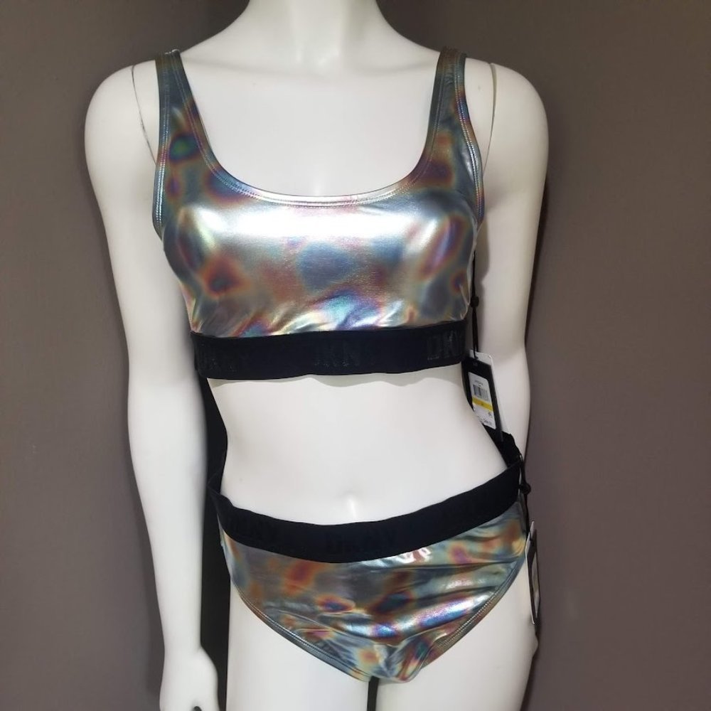 DKNY Metallic Holographic Logo Bikini Set Size Medium - Picture 2 of 9